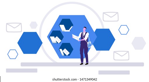 postman putting letter envelopes in mail boxes post delivery service communication concept sketch full length