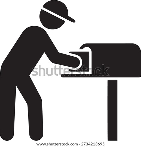 Postman putting letter in mailbox icon. Person sending mail or delivering post silhouette. Courier service vector glyph illustration.
