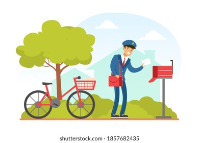 Postman Putting Letter in Mailbox, Mailman in Blue Uniform Delivering Mails to Customers on Bike, Delivery Service Concept Vector Illustration