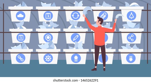 postman putting paper letters in different baskets mail postal delivery service concept modern post office interior flat full length horizontal vector illustration