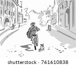 The postman rides a bicycle along the street of the old city. Comics. Black and white vector sketch. Simple drawing.