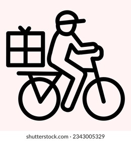 Postman riding bicycle line icon. Mail delivery man on bike with box. Postal service vector design concept, outline style pictogram on white use for and app. Eps 10.