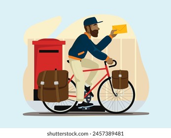 The postman riding a bicycle to send a letter