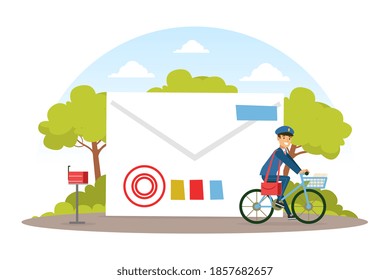 Postman Riding on Bike, Mailman in Blue Uniform Delivering Mails and Parcels to Customers, Mail Delivery Service Concept Vector Illustration