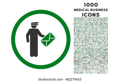 Postman rounded vector bicolor icon with 1000 medical business icons. Set style is flat pictograms, green and gray colors, white background.