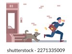Postman running away from angry guard dog. Postal worker escaping from domestic animal. Aggressive puppy barking and chasing mailman. Letter envelopes delivery. House