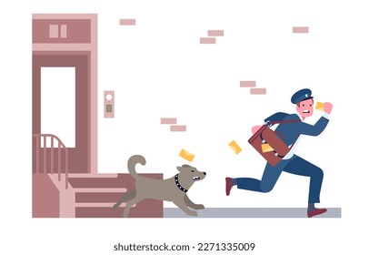 Postman running away from angry guard dog. Postal worker escaping from domestic animal. Aggressive puppy barking and chasing mailman. Letter envelopes delivery. House