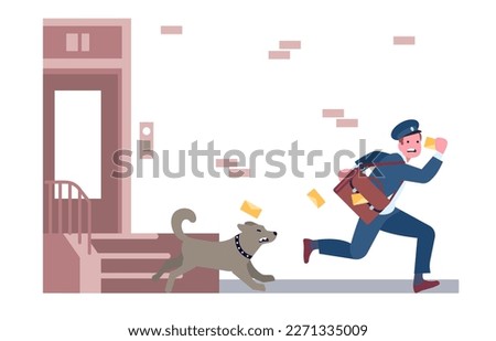 Postman running away from angry guard dog. Postal worker escaping from domestic animal. Aggressive puppy barking and chasing mailman. Letter envelopes delivery. House