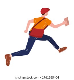 Postman running with bag delivering letter in envelope. Mailman in cap carrying mail, delivery service. Vector illustration