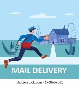 Postman running with bag delivering letter in envelope for house to address. Mailman in uniform carrying mail, delivery service. Vector illustration