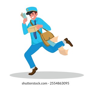 postman running with a bag full of letters, man delivering packages and letters. vector illustration.