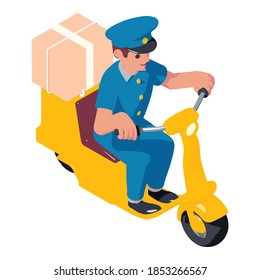 Postman scooter box delivery icon. Isometric of postman scooter box delivery vector icon for web design isolated on white background