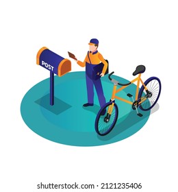 Postman sending mail to mailbox 3D isometric vector concept for banner, website, illustration, landing page, flyer, etc