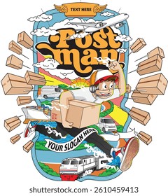 Postman Sends Goods with Transportation Background