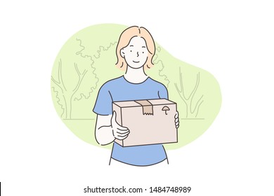 Postman, shipping, delivery, courier concept. Girl working, delivers the purchase to the recipient. Young beautiful woman in holding out cardboard box. Simple flat vector.