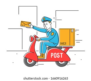 Postman Shipping Parcel and Mail by Scooter. Courier Man Hold Paper Envelop in Hand. Mailman Character Delivering Post on Moped. Express Delivery Service. Cartoon Flat Vector Illustration, Line Art