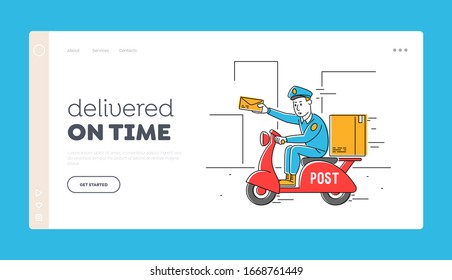 Postman Shipping Parcel and Mail by Scooter Landing Page Template. Courier Man Hold Envelop in Hand. Mailman Character Delivering Post on Moped. Express Delivery Service. Linear Vector Illustration