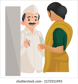 Postman is standing at the door and talking to a woman. Vector graphic illustration. Individually on white background.