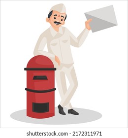 Postman is standing with a letterbox and holding envelope in hand. Vector graphic illustration. Individually on white background.
