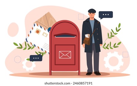 Postman standing next to a red mailbox with letters, flat vector illustration on a light background, concept of communication