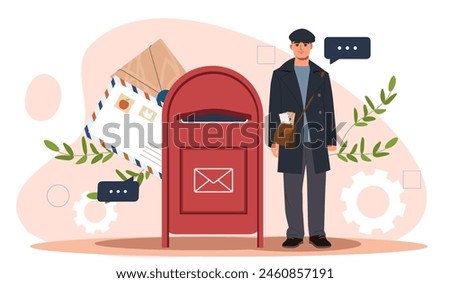 Postman standing next to a red mailbox with letters, flat vector illustration on a light background, concept of communication