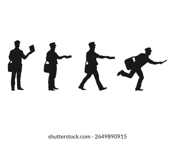 Postman symbol, black isolated silhouette. Post box icon in trendy silhouette. Silhouette of Postmen in Various Actions.
