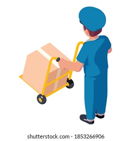 Postal toma el icono del carrito de paquetes. Isometric del cartero toma el icono del vector del carro de parcela para el diseño web aislado en fondo blanco