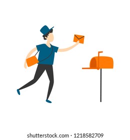 Postman throws a letter in the mailbox. Flat style vector illustration.