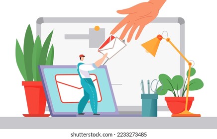 Letra minúscula de caracter de Postman de mano humana, paquete de correo de entrega, ilustración de vector plana postal en línea, aislada en blanco.