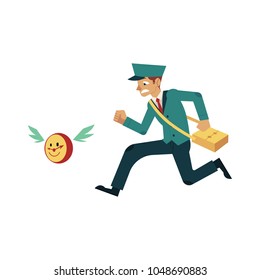 Postman in uniform catching up clock that fly away isolated on white background. Young caucasian worker character with time design concept. Flat cartoon vector illustration.