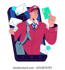 Postman in uniform deliveries letter, mail. Mailman with post envelope. Online correspondence, messenger app. Email service in smartphone concept. Flat isolated vector illustration on white background