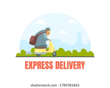 Postman en Uniforme Entregando Cartas en Motocicleta, Ilustración del Vector de Servicio de Entrega Express