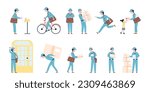Postman in uniform with letters and parcels. Mail man delivery letter at home. Post social service profession, delivering recent vector characters