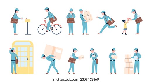 Postman in uniform with letters and parcels. Mail man delivery letter at home. Post social service profession, delivering recent vector characters