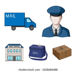 The postman in uniform, mail machine, bag for correspondence, postal office.Mail and postman set collection icons in cartoon style vector symbol stock illustration web.
