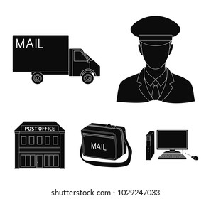 The postman in uniform, mail machine, bag for correspondence, postal office.Mail and postman set collection icons in black style vector symbol stock illustration web.