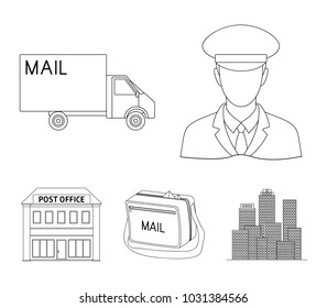The postman in uniform, mail machine, bag for correspondence, postal office.Mail and postman set collection icons in outline style vector symbol stock illustration web.