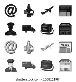 The postman in uniform, mail machine, bag for correspondence, postal office.Mail and postman set collection icons in black,monochrome style vector symbol stock illustration web.