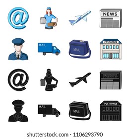 The postman in uniform, mail machine, bag for correspondence, postal office.Mail and postman set collection icons in black,cartoon style vector symbol stock illustration web.
