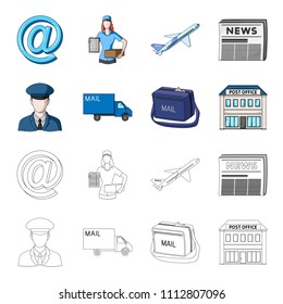The postman in uniform, mail machine, bag for correspondence, postal office.Mail and postman set collection icons in cartoon,outline style vector symbol stock illustration web.