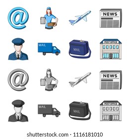 The postman in uniform, mail machine, bag for correspondence, postal office.Mail and postman set collection icons in cartoon,monochrome style vector symbol stock illustration web.
