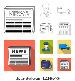 The postman in uniform, mail machine, bag for correspondence, postal office.Mail and postman set collection icons in outline,flat style vector symbol stock illustration web.