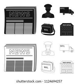 The postman in uniform, mail machine, bag for correspondence, postal office.Mail and postman set collection icons in black,outline style vector symbol stock illustration web.