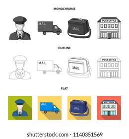 The postman in uniform, mail machine, bag for correspondence, postal office.Mail and postman set collection icons in flat,outline,monochrome style vector symbol stock illustration web.