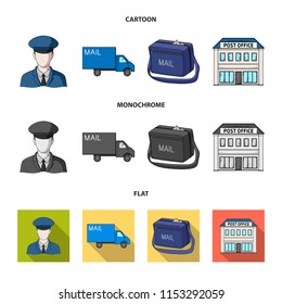 The postman in uniform, mail machine, bag for correspondence, postal office.Mail and postman set collection icons in cartoon,flat,monochrome style vector symbol stock illustration web.