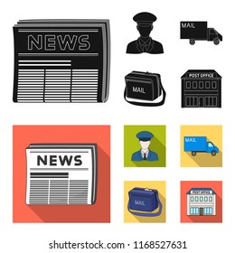 The postman in uniform, mail machine, bag for correspondence, postal office.Mail and postman set collection icons in black,flat style vector symbol stock illustration web.