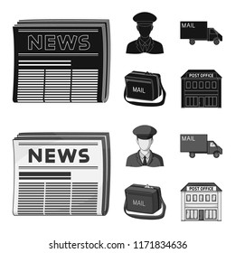 The postman in uniform, mail machine, bag for correspondence, postal office.Mail and postman set collection icons in black,monochrome style vector symbol stock illustration web.