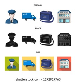 The postman in uniform, mail machine, bag for correspondence, postal office.Mail and postman set collection icons in cartoon,black,flat style vector symbol stock illustration web.