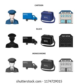 The postman in uniform, mail machine, bag for correspondence, postal office.Mail and postman set collection icons in cartoon,black,monochrome style vector symbol stock illustration web.