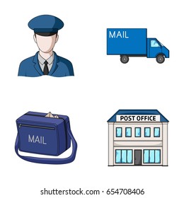 The postman in uniform, mail machine, bag for correspondence, postal office.Mail and postman set collection icons in cartoon style vector symbol stock illustration web.